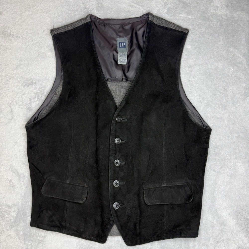 Vtg 90s GAP Suede Leather Vest Men M Wool Knit Back Black Gray Button Waistcoat